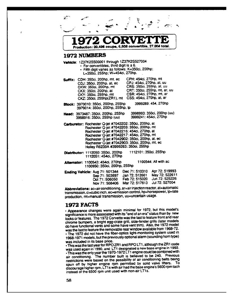 Summary page from the 1972 Corvette specification manual listing numbers, options and colors