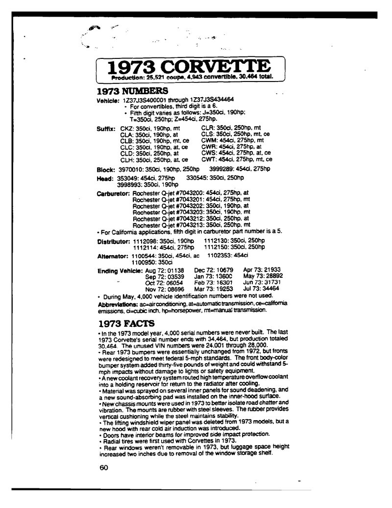 Summary page from the 1973 Corvette specification manual listing numbers, options and colors