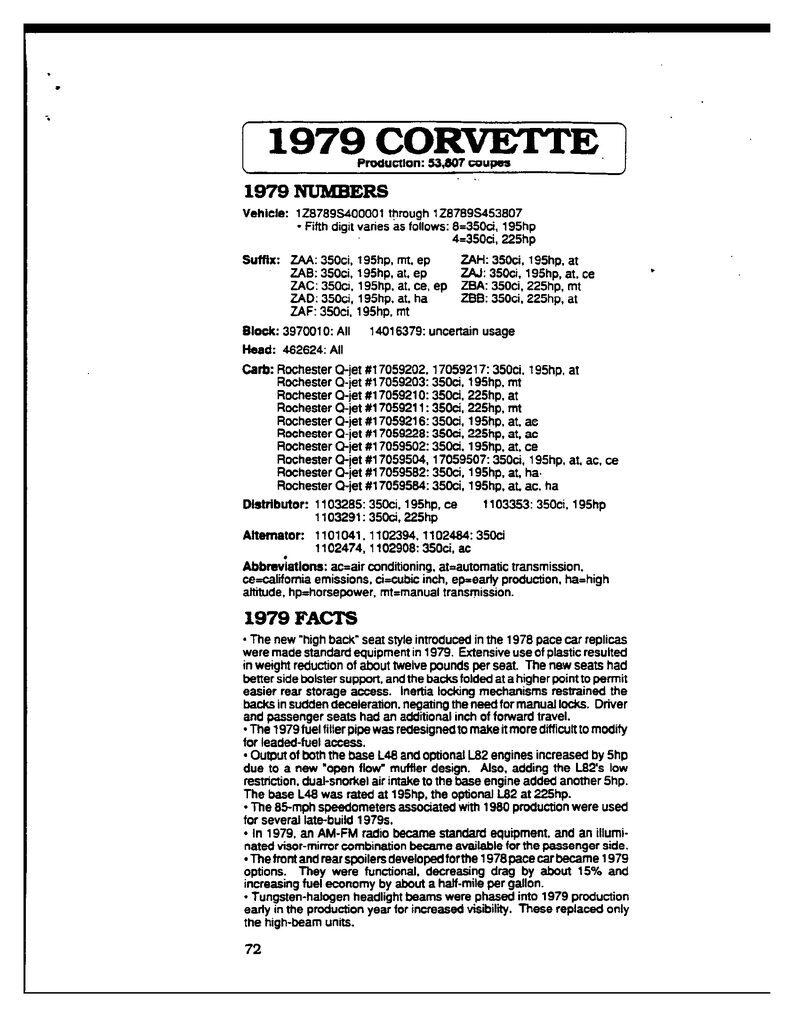 Summary page from the 1979 Corvette specification manual listing numbers, options and colors